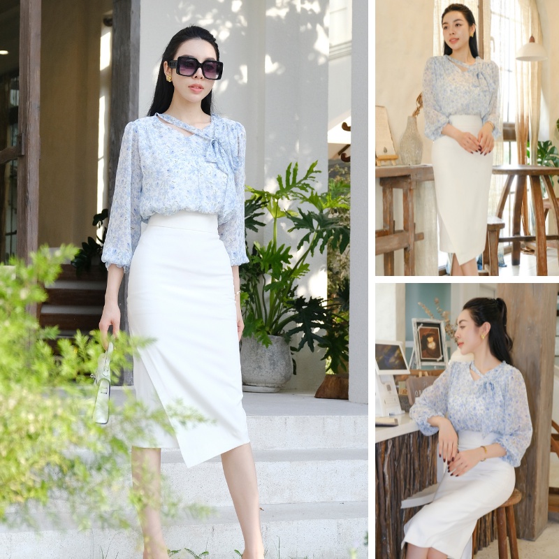 Set áo voan cổ thắt nơ chân váy bút chì, set áo sơ mi voan hoa mix chân váy công sở trắng Dliebe - S030