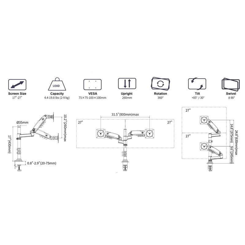 Giá Treo 2 Màn Hình Máy Tính NB - H180 [ Phù Hợp Màn Hình 17" - 32 " ] - [ Hàng Chính Hãng ]