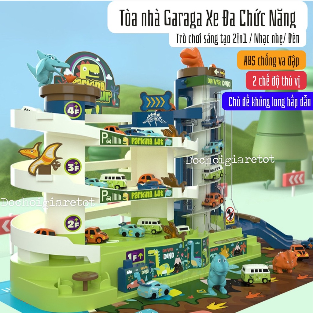 Đồ chơi Bãi đậu xe mô hình tòa nhà khủng long có thang máy xoắn chạy tự động tặng kèm 6 xe mini 2 khủng long