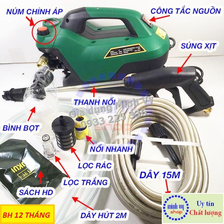 Máy rửa xe mini gia đình có chỉnh áp lực-dây xịt 15m và thanh nối dài