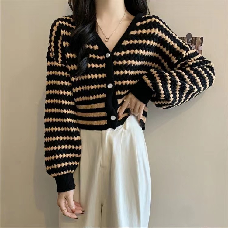 Áo Khoác Cardigan Dệt Kim Cổ Chữ V Họa Tiết Kẻ Sọc Thời Trang Mùa Thu Mới Cho Nữ