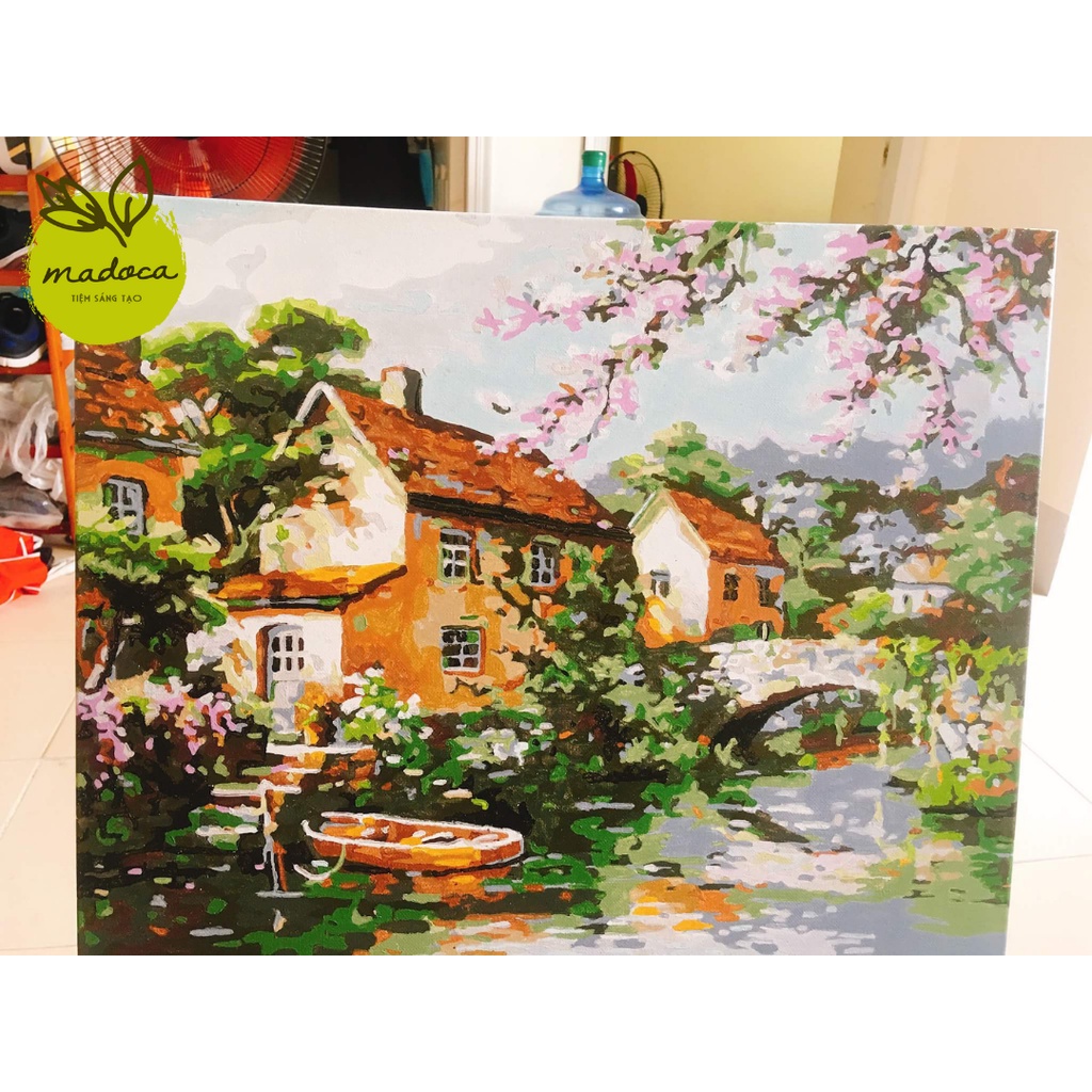 Tranh tô màu theo số hóa có khung 40x50cm nhà sông mùa xuân T51