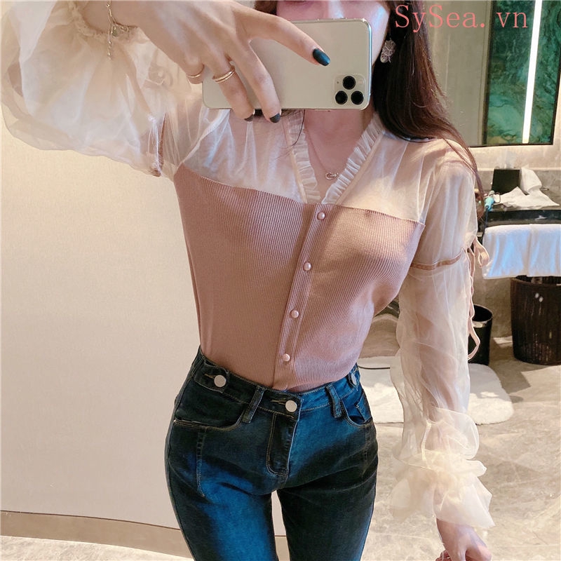 Áo nữ tay dài cổ V phong cách thanh lịch nữ tính