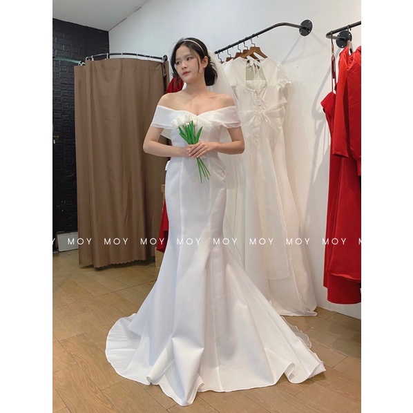 Váy bệt vai voan mỹ body cá đan lưng nơ voan 1 cánh - Váy cưới, đầm cưới thiết kế đi bàn, chụp ảnh đơn giản, nhẹ nhàng