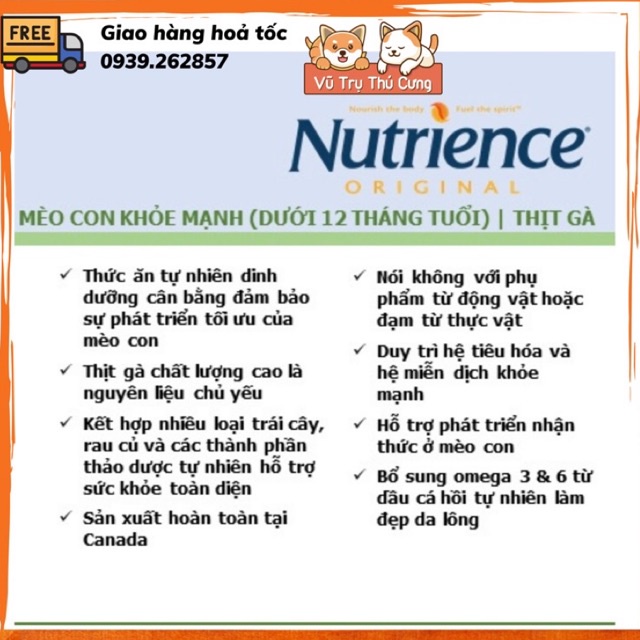 Hạt Nutrience Infusion Kitten dành cho mèo con 2,27Kg, vị Gà rau củ quả