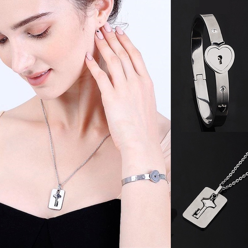 Set 2 Vòng cổ/Vòng Tay Mặt Ổ Khóa Trái Tim/ Chìa Khóa Bằng Thép Không Gỉ Màu Bạc Thời Trang Dành Cho Các Cặp Đôi