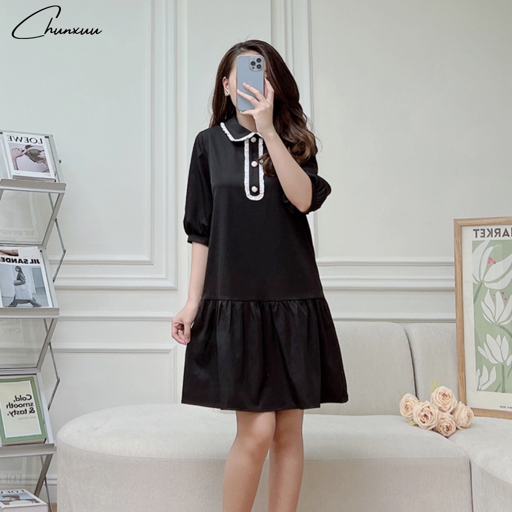 Váy nữ thiết kế dáng babydoll tay lỡ cổ phối viền thanh lịch vải tơ mềm mịn ChunXuu - V13