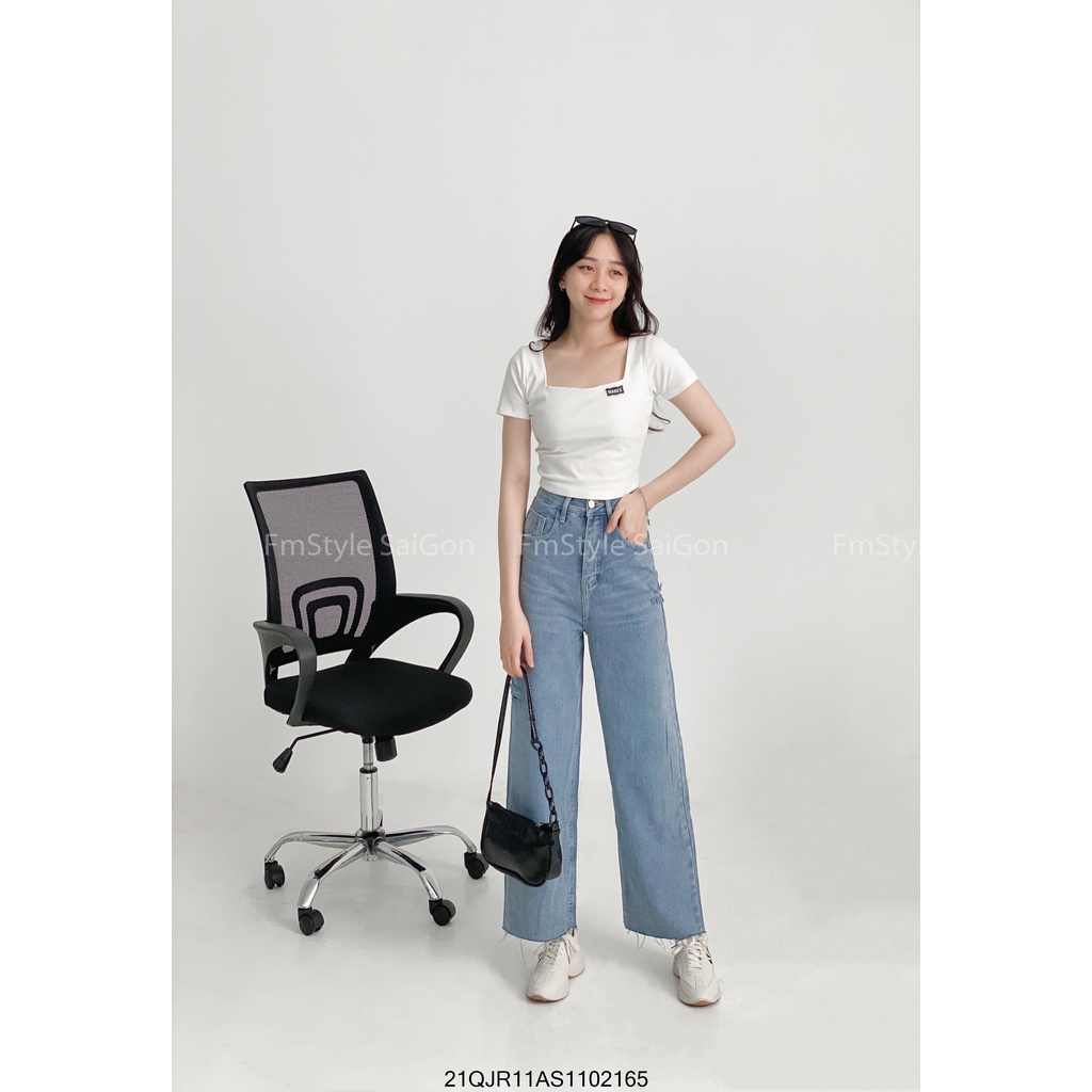 Quần jean ống rộng xước bên lai cắt, quần bò nữ thời trang ulzzang Hàn Quốc VM STYLE 21QJR11AS1102