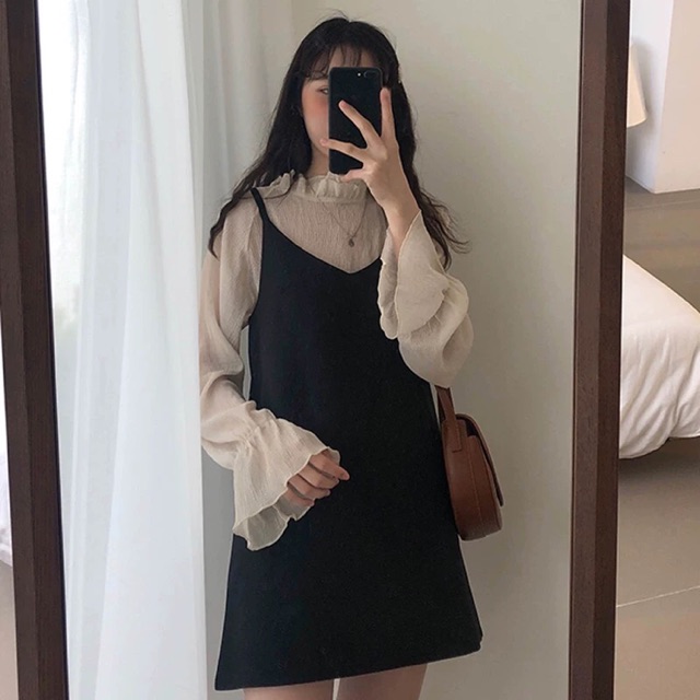 [Có sẵn +ảnh thật] Set váy yếm + sơmi Hàn Quốc thanh lịch 2021