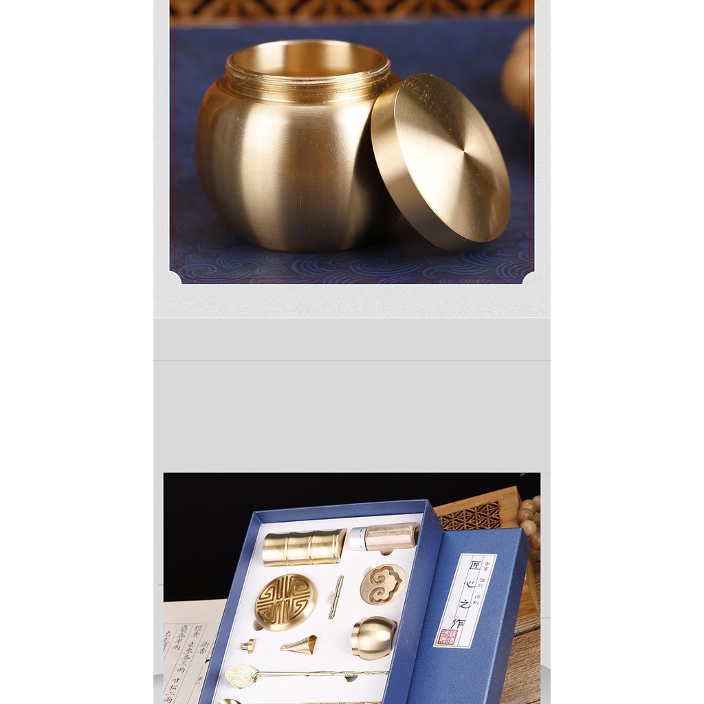 Bộ dụng cụ xông trầm hương bằng đồng vàng nguyên chất ưu đãi tặng kèm bột Nhật dẫn lửa/ khuôn tạo nụ trầm