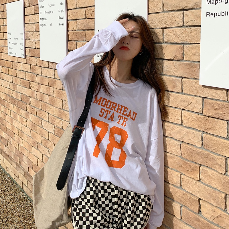 SUXI Áo Thun Tay Dài Cổ Tròn Dáng Rộng In Chữ Thời Trang Mùa Hè Xinh Xắn Cho Nữ