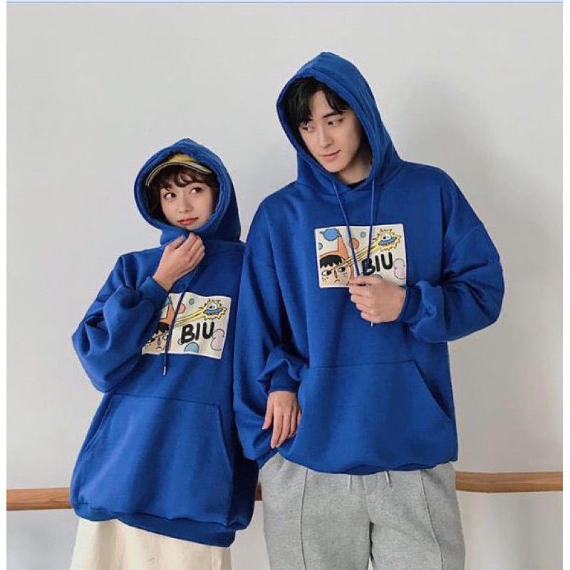 Áo đôi hoodie nam nữ from rộng màu xanh, áo cặp thu đông unisex basic