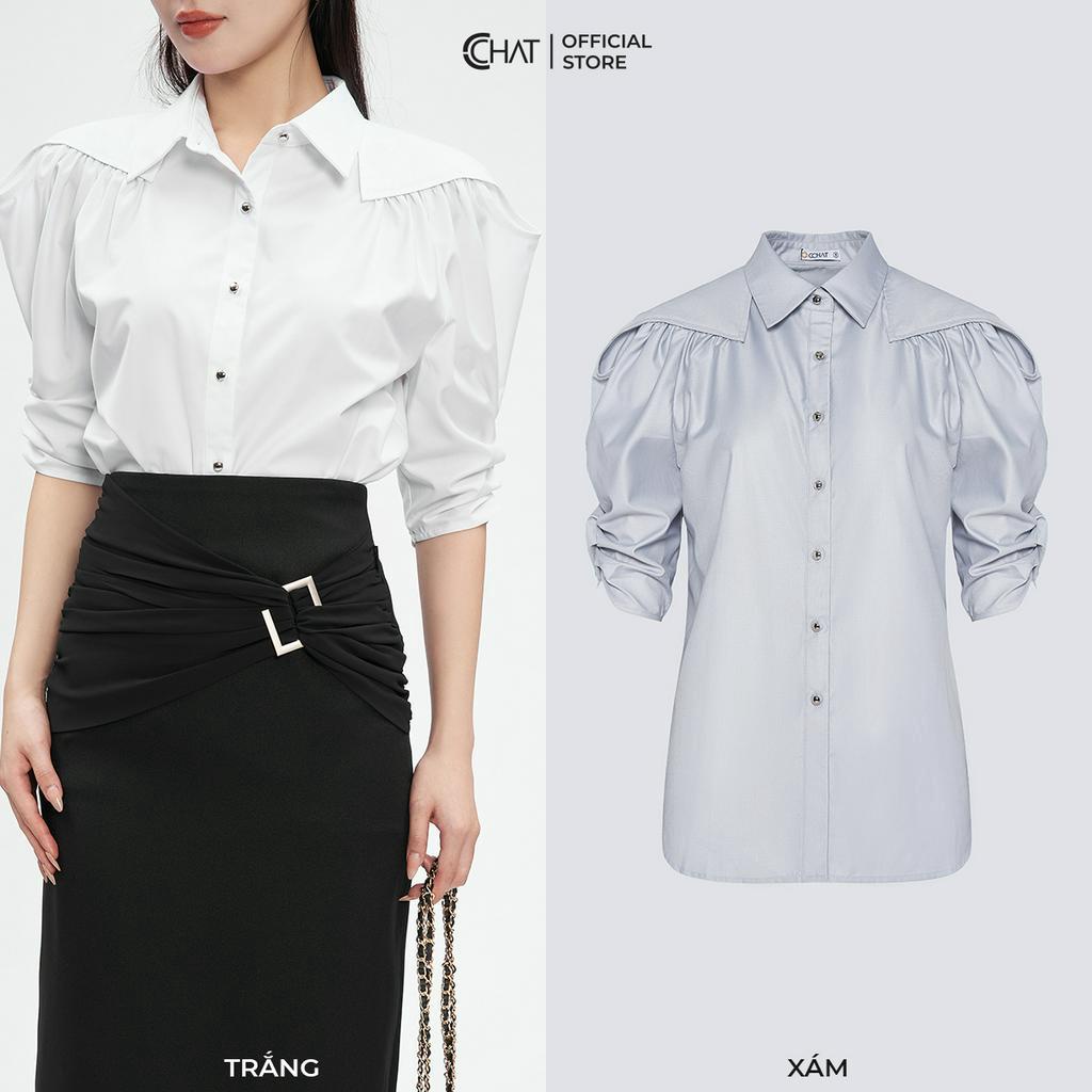 Áo Sơ Mi Nữ 𝐂𝐂𝐇𝐀𝐓 Rúm Vai Kiểu Tay Lỡ Chất Thô Cao Cấp Mềm Nhẹ 53FNT2013ST