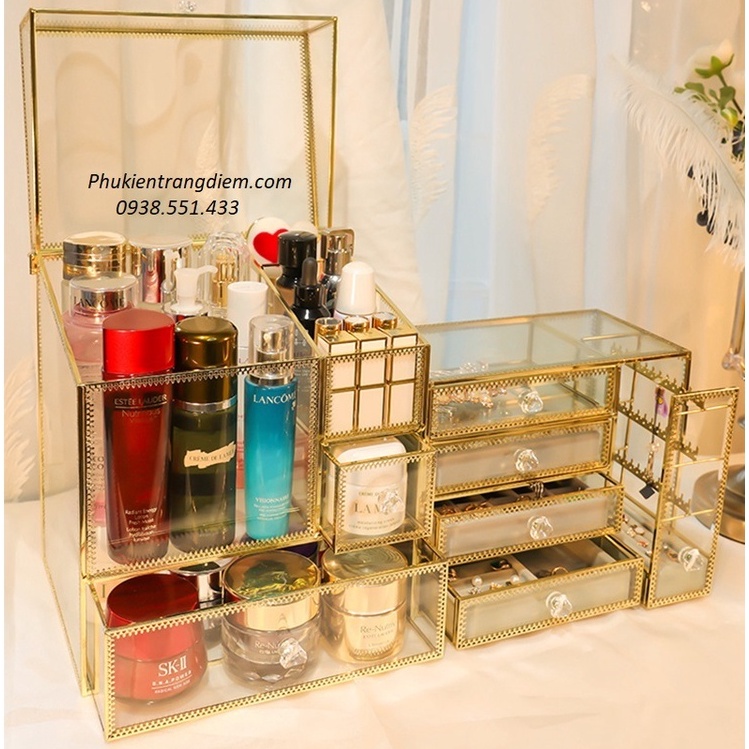 Tủ Kệ Trang Điểm Golden Viền Vàng - Kệ Mỹ Phẩm Mạ Vàng Chống Bụi - Nắp Vuông