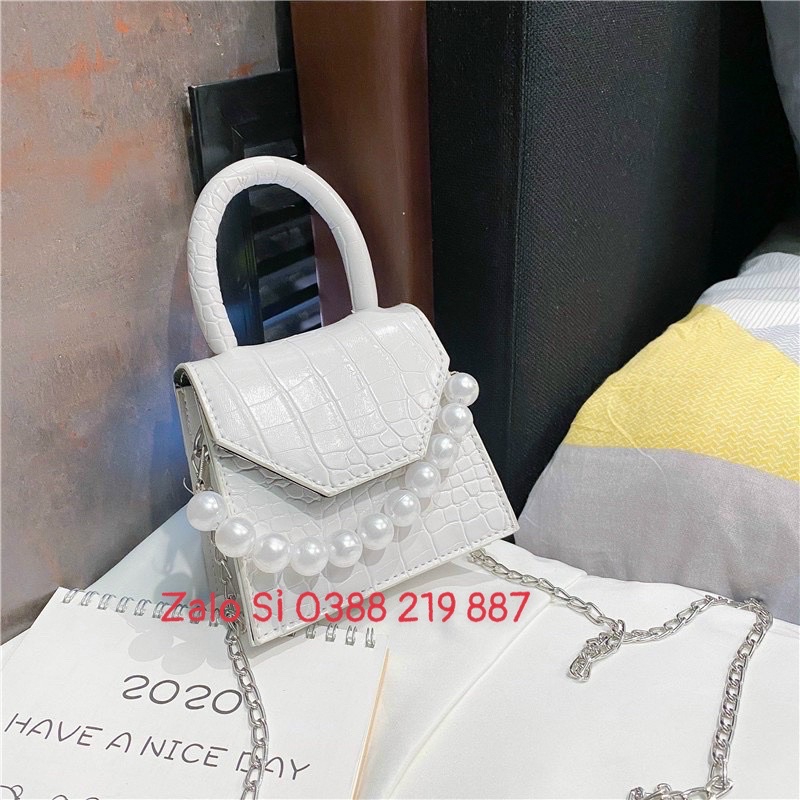 Túi Đeo Chéo Mini Nữ Đẹp Da Rắn Phối Ngọc Có Quai Xách