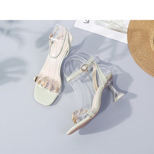 Giày sandal cao gót ly 7p quai trong phối khóa tròn nhủ kim tuyến