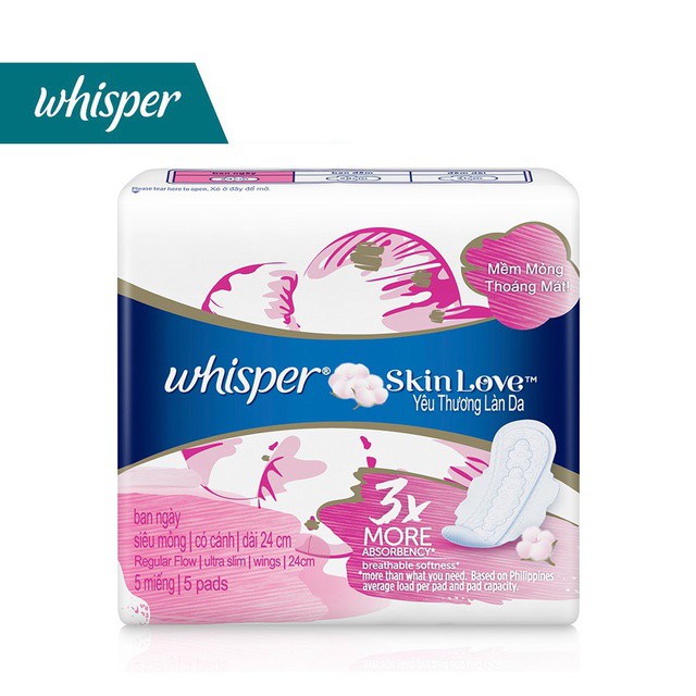 Băng Vệ Sinh Whisper Skin Love Siêu Mỏng Cánh Ngày 24cm 5 Miếng