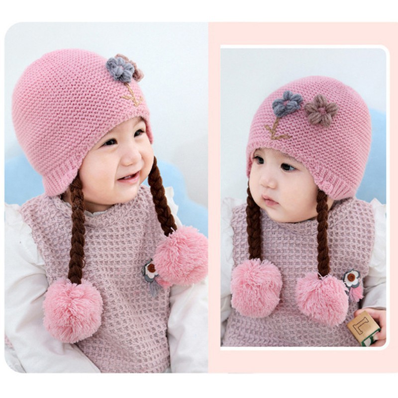 Nón đan len họa tiết hoa có hai quả bông xinh xắn cho bé