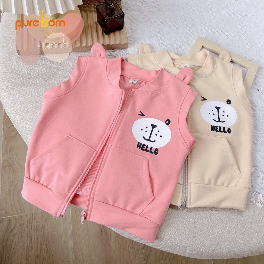 Áo gile bé trai bé gái chất nỉ da cá hoạ tiết tai gấu dễ thương Pure Born  áo khoác gile cho bé 1 - 5 Tuổi T38