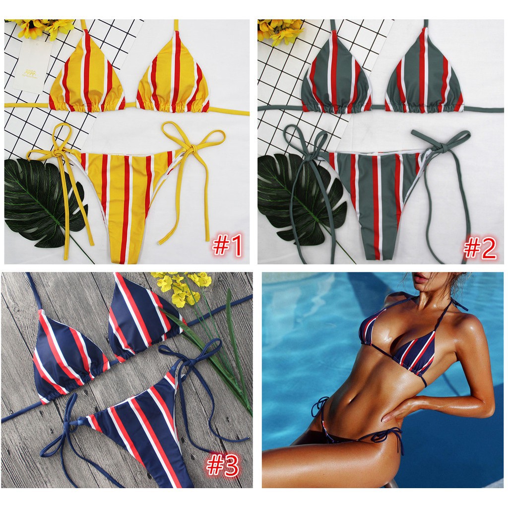 Bikini phối dây kẻ sọc thời trang