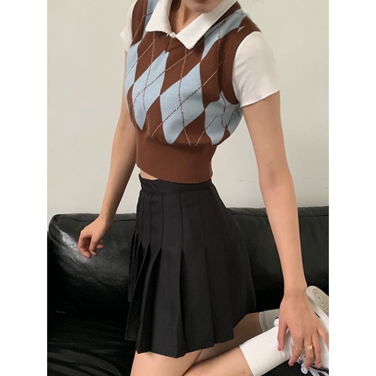 Porozi  Áo len không tay cổ chữ V họa tiết hình thoi cho nữ