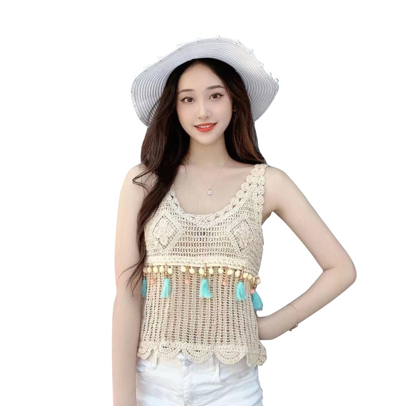 Áo Tank Top Dệt Kim Phối Tua Rua Gợn Sóng Thời Trang Mùa Hè Cho Nữ