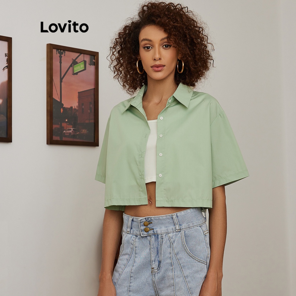 Áo kiểu Lovito có cổ màu trơn phong cách cơ bản thường ngày L19D364 (Xanh lá hạt đậu)