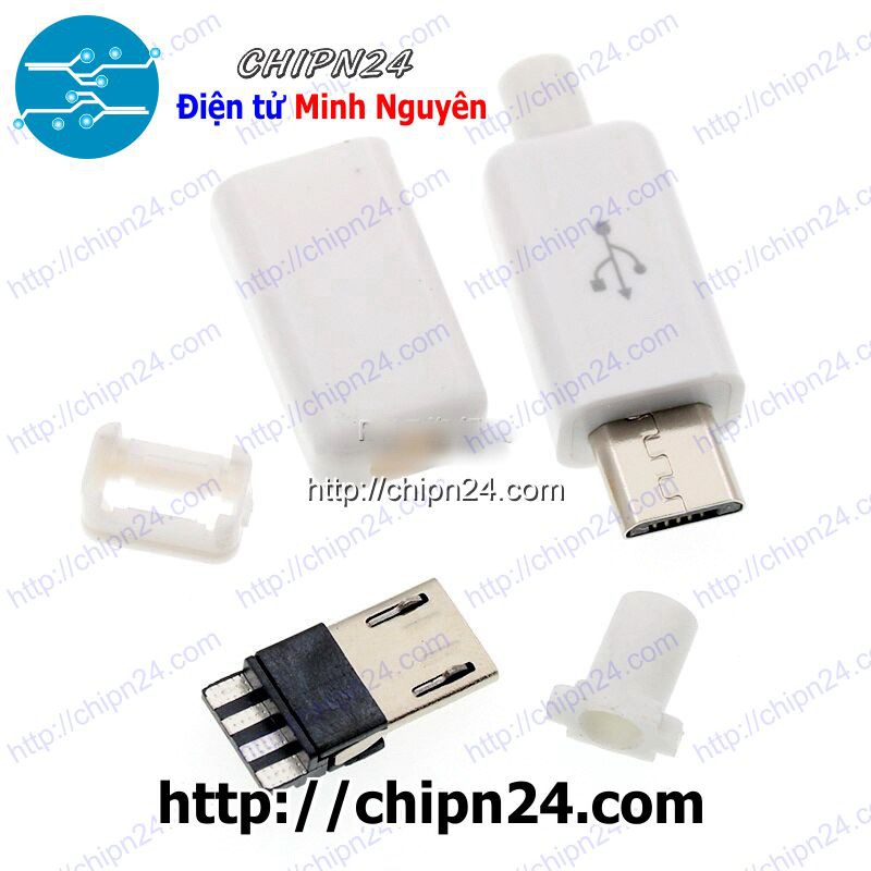 [4 CÁI] Đầu+Vỏ nhựa Micro USB V3 TRẮNG