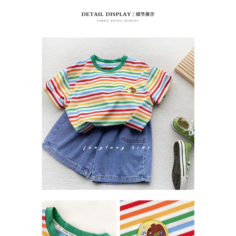 Áo Thun Cotton Tay Ngắn Họa Tiết Sọc Cầu Vồng Hoạt Hình Dễ Thương Cho Bé Trai