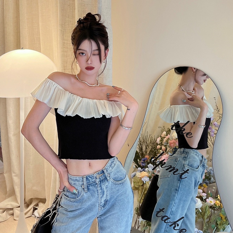 Áo Croptop Dệt Kim Tay Cánh Tiên Dáng Ôm Cho Nữ