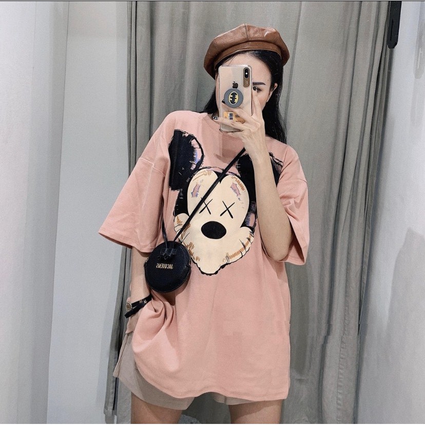 Áo thun tay lỡ form giấu quần nữ - Áo phông mickey hồng pastel SIÊU HOT