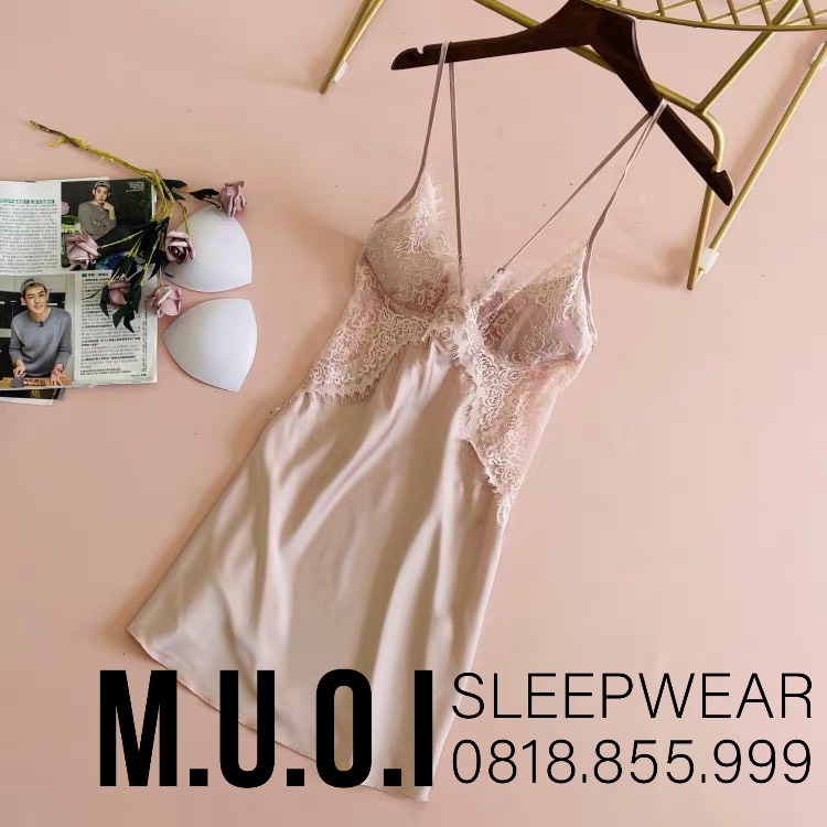 [FREESHIP] Váy ngủ sexy QUẢNG CHÂU-SX 062-Váy ngủ lụa phối ren ngực đan dây hông QUẢNG CHÂU  - hàng có sẵn( video+ ảnh)