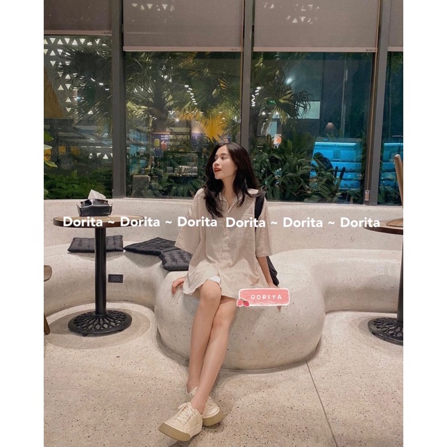 Áo sơ mi kẻ sọc vải đũi xốp tay lửng, Áo sơ mi basic Hàn Quốc - Dorita Boutique