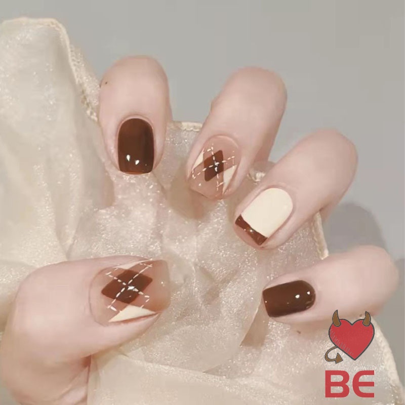 YADORNOS Set 24 móng tay giả màu nâu độc đáo phong cách Pháp cho nữ