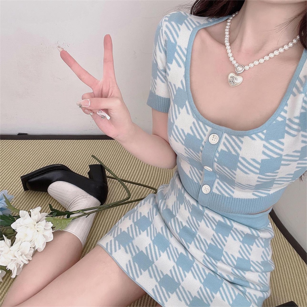 Set đồ ZHELIHANGFEI gồm áo thun tay ngắn và chân váy sọc caro thời trang xinh xắn cho nữ