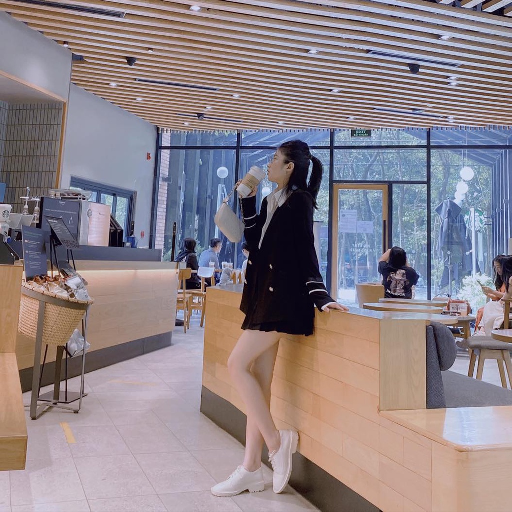 Áo Blazer đen tay viền trắng BOHEE - Kèm ảnh thật
