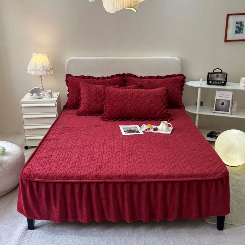 Bộ ga gối nỉ nhung phủ bèo ren cao cấp - set 3 món trần phủ - đủ size đủ màu - hàng nhập loại 1- nói không hàng gia công