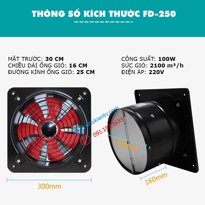 Quạt Hút Gió - Quạt Thông Gió Nhà Xưởng - Hút Mùi Nhà Hàng - FD 250, FD 300 - Sức Hút Lớn - Công Suất 100 - 120W