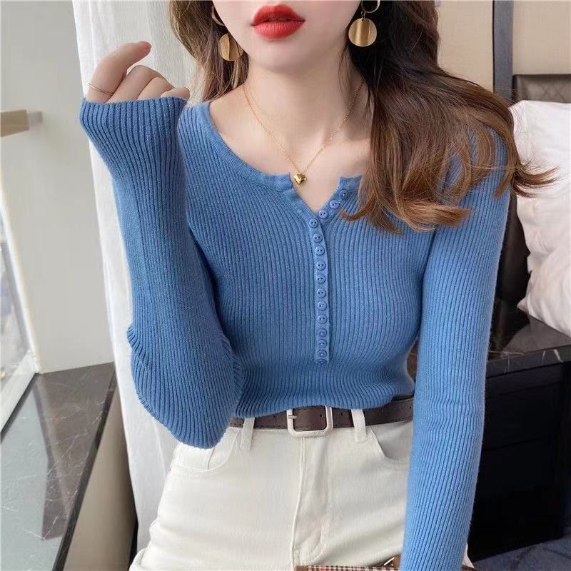 Áo thun len tay dài nhiều cúc cổ tròn sexy