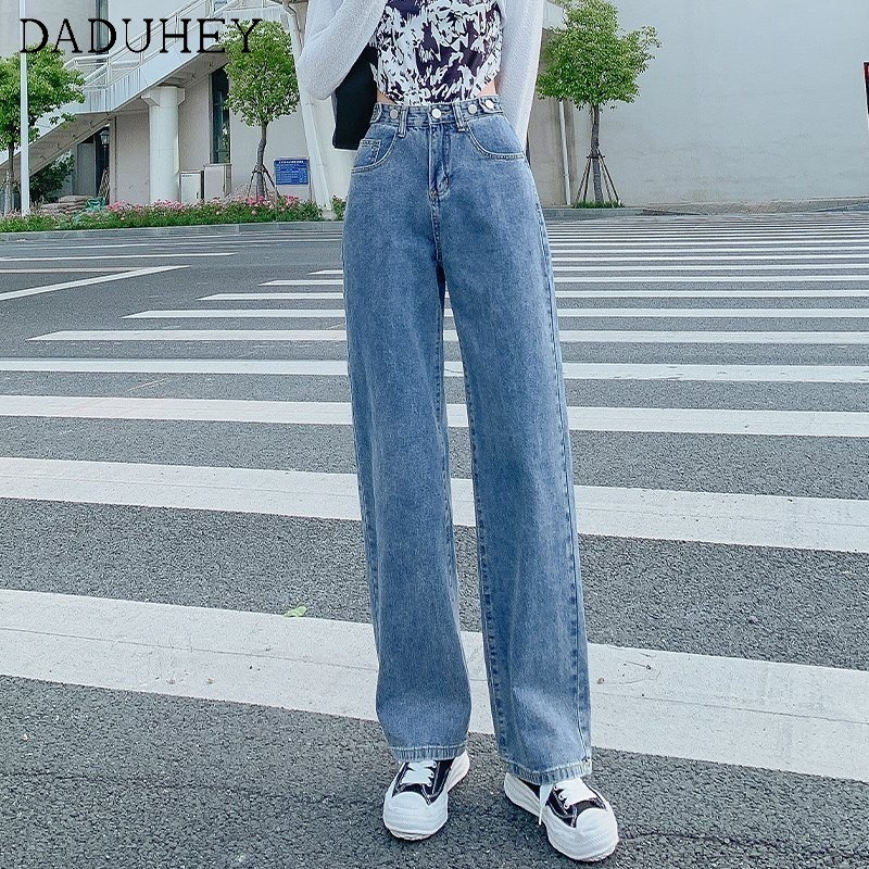 Quần jeans dài daduhey vải denim ống rộng lưng cao có thể điều chỉnh được thời trang dành cho nữ (có thắt lưng)