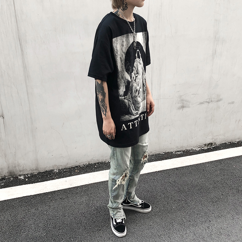 【Black】S-3XL Oversized Tshirt Couple Shirts Korean Tops Baitai Short-sleeved Harajuku Round Collar Temperament New Trend of Literature and Art Fashion T-shirt Ins Fashion Loose T-shirt