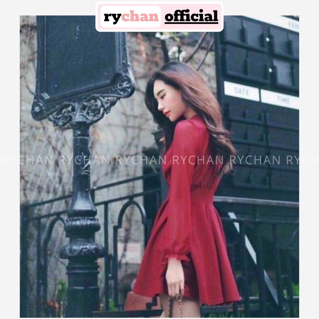 DX679 - Đầm Xòe Đỏ Đắp Chéo Tay Dài Cổ V Form Ngắn