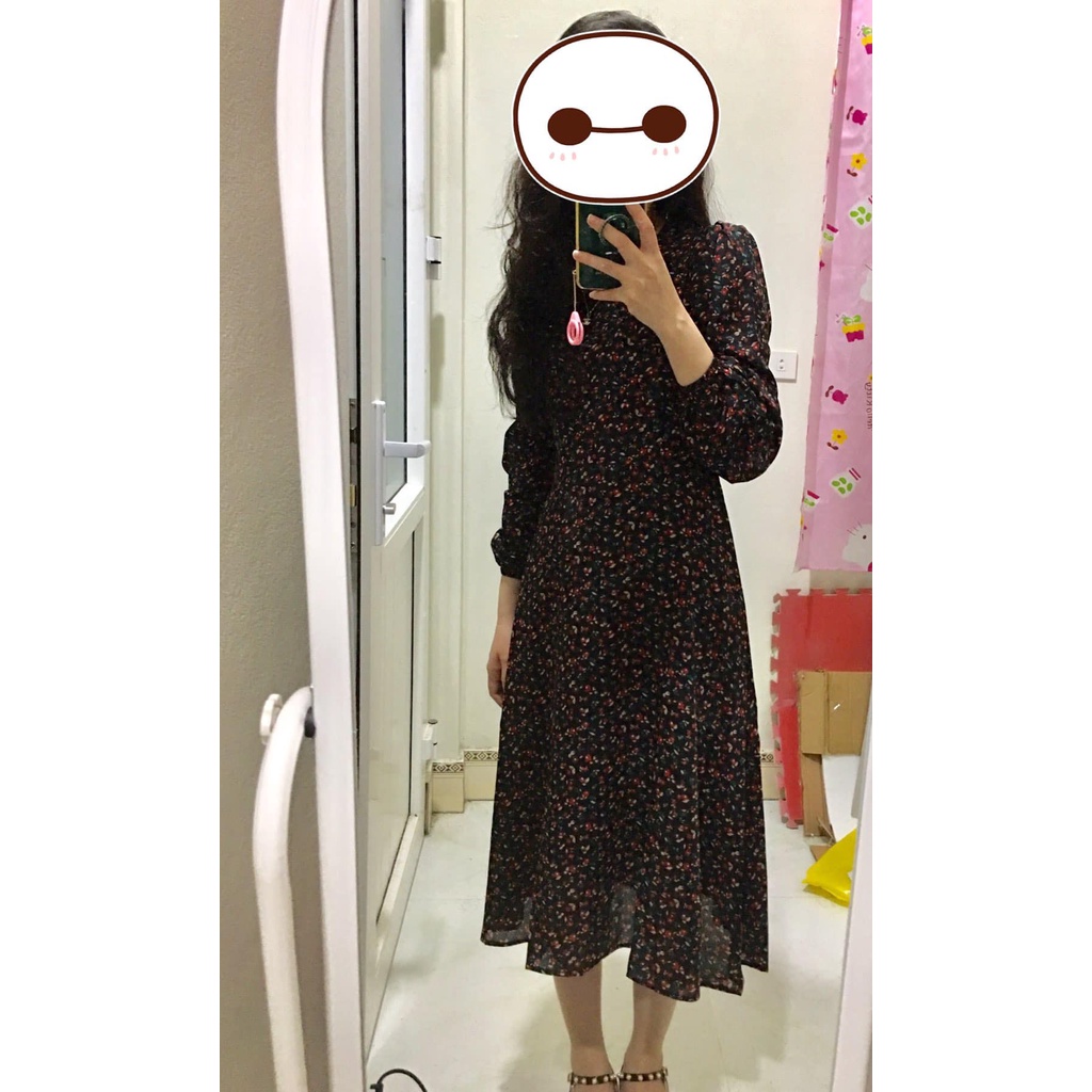 Váy hoa nhí dài cổ tròn vintage