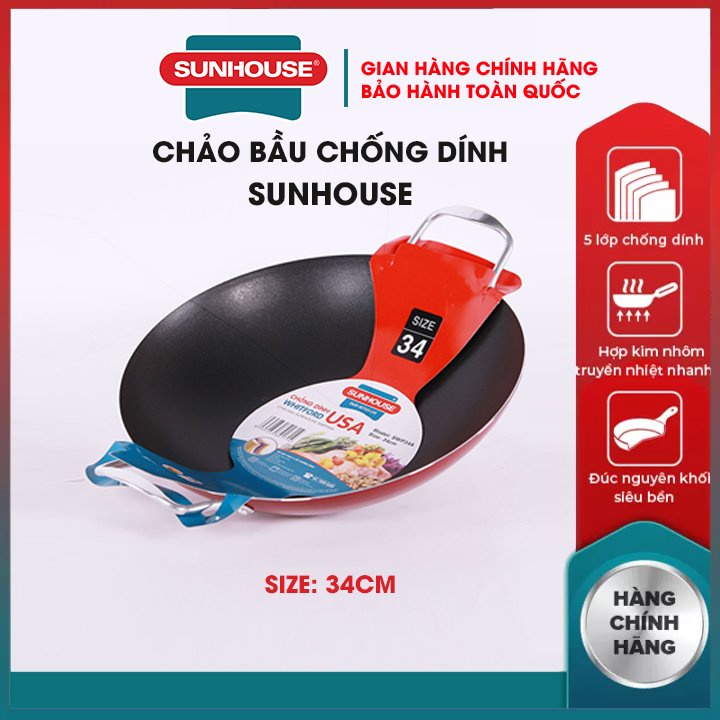 Chảo chống dính bầu SUNHOUSE SHG1220R-SHG1234R-2022 chảo sâu lòng hợp kim nhôm tay cầm chịu nhiệt chống trầy xước