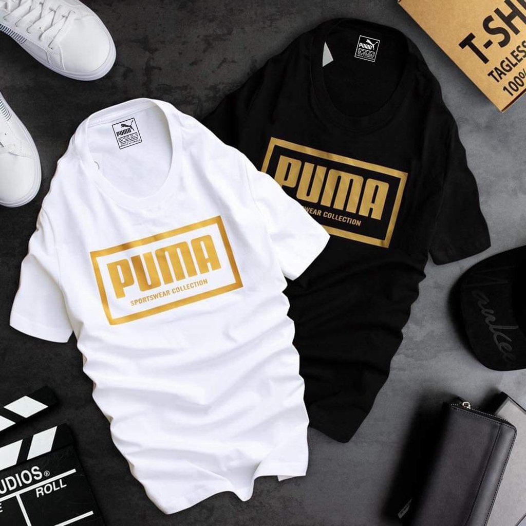 Áo Thun Nam Nữ Tay Ngắn Chất Cotton tốt nhất thị trường, co giãn 4 chiều, thấm hút mồ hôi - Logo Puma Nền In Nhũ Vàng