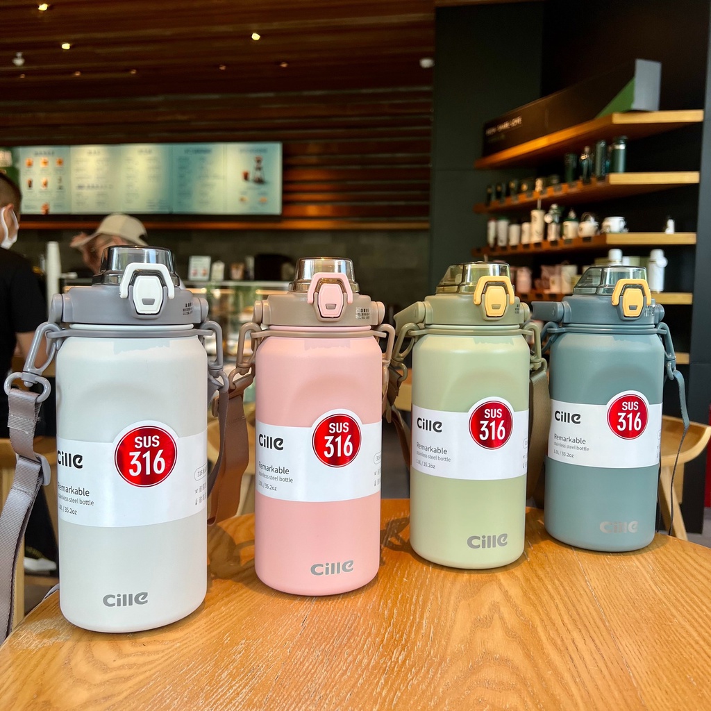 Bình Nước Giữ Nhiệt Cille 1000ml , Bình Nước Cao Cấp Có Ống Hút, Inox 316, Bình Nước Mang Đi Học