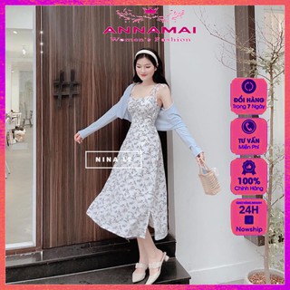 Váy Hoa Nhí Vintage Dáng Dài 2 Dây Mix Áo Tăm Nhà ANNAMAI_Fashion HN01