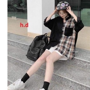 Áo sơ mi phối kẻ caro đen , trắng cách điệu - Shirts dài tay form suông phối màu cá tính nữ hot
