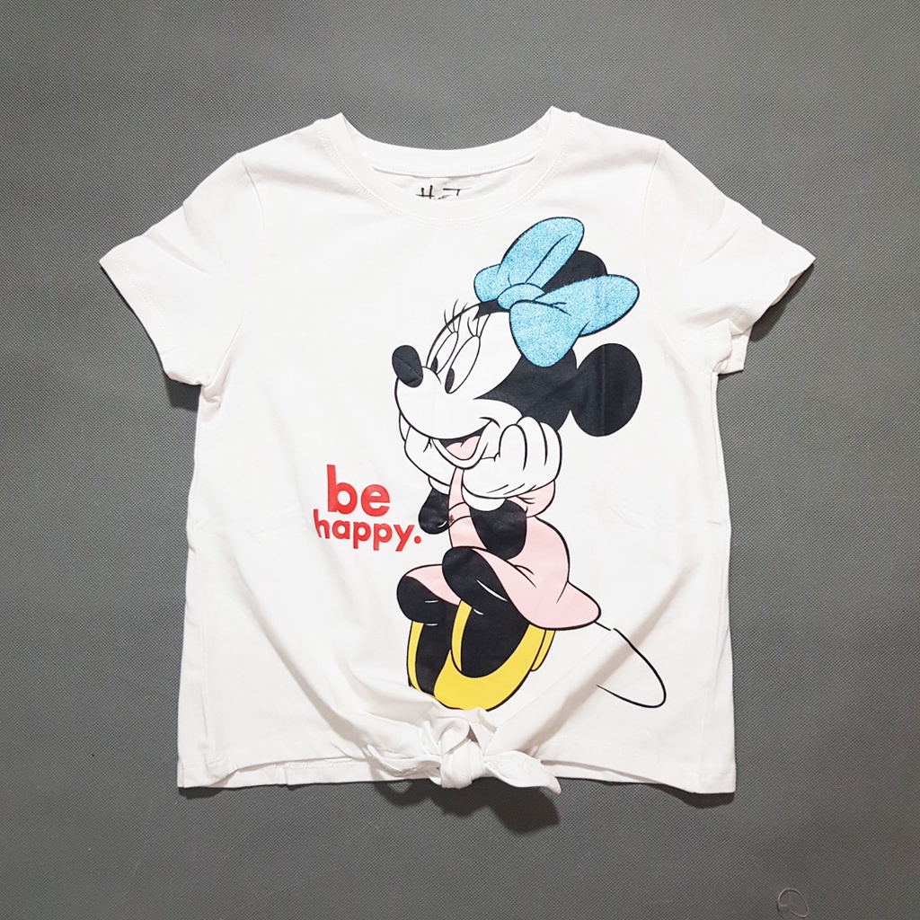 Áo thun cotton buộc dây in mickey nơ bé gái