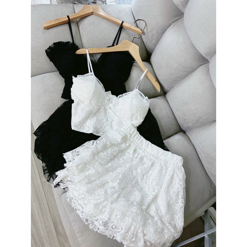 Áo 2 dây bra sexy ren kèm chân váy tầng ren [Nhà Của Méo Store]